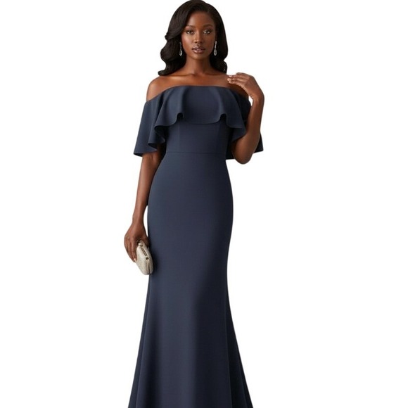 Vince Camuto Dresses & Skirts - VINCE Camuto Navy Blue Off Shoulder Ruffle Cape Formal Gown Size 8 NWT $238